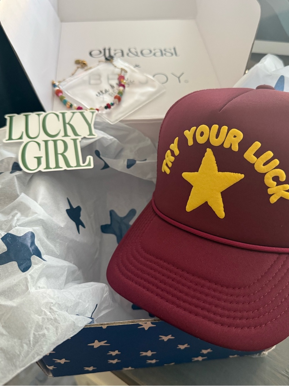 Maroon Women's Trucker Hat with Yellow Star - Try Your Luck